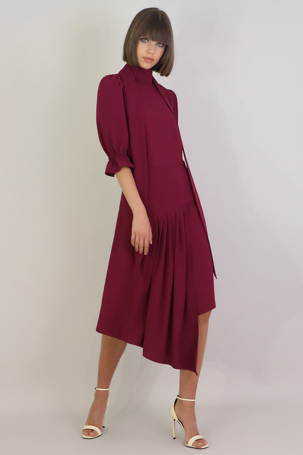 Fluid Asymmetric Pleated Skirt Raspberry