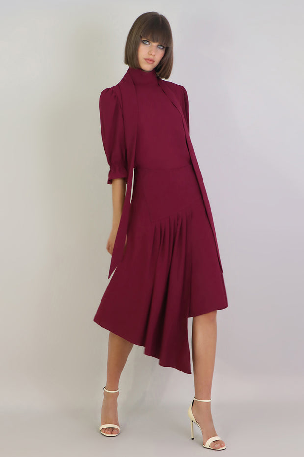 Fluid Asymmetric Pleated Skirt Raspberry