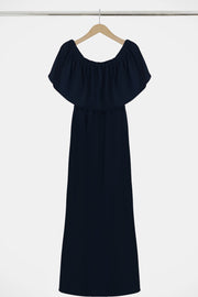 Fluid Exposed Shoulder Ruffle Dress Navy